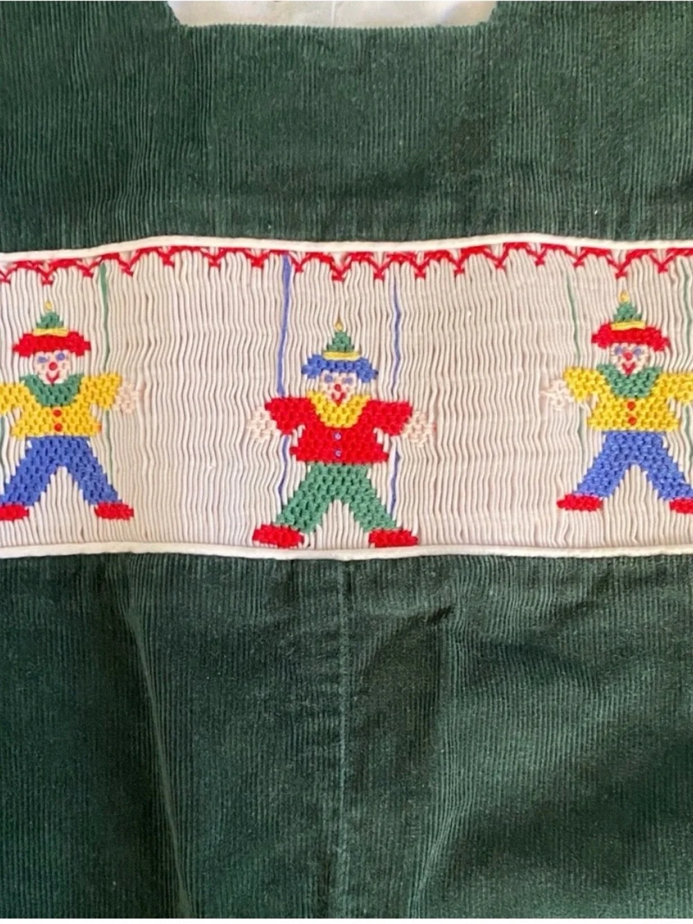 Vintage Anavini Green Corduroy Kids Short Overalls Embroidered Puppets